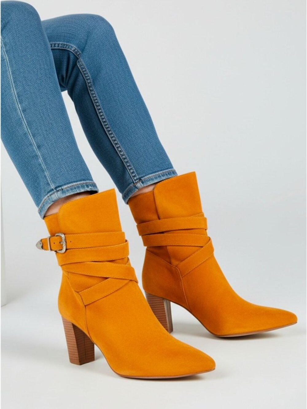 Mocha Faux Suede Ankle Boots With Block Heel & Buckle Strap